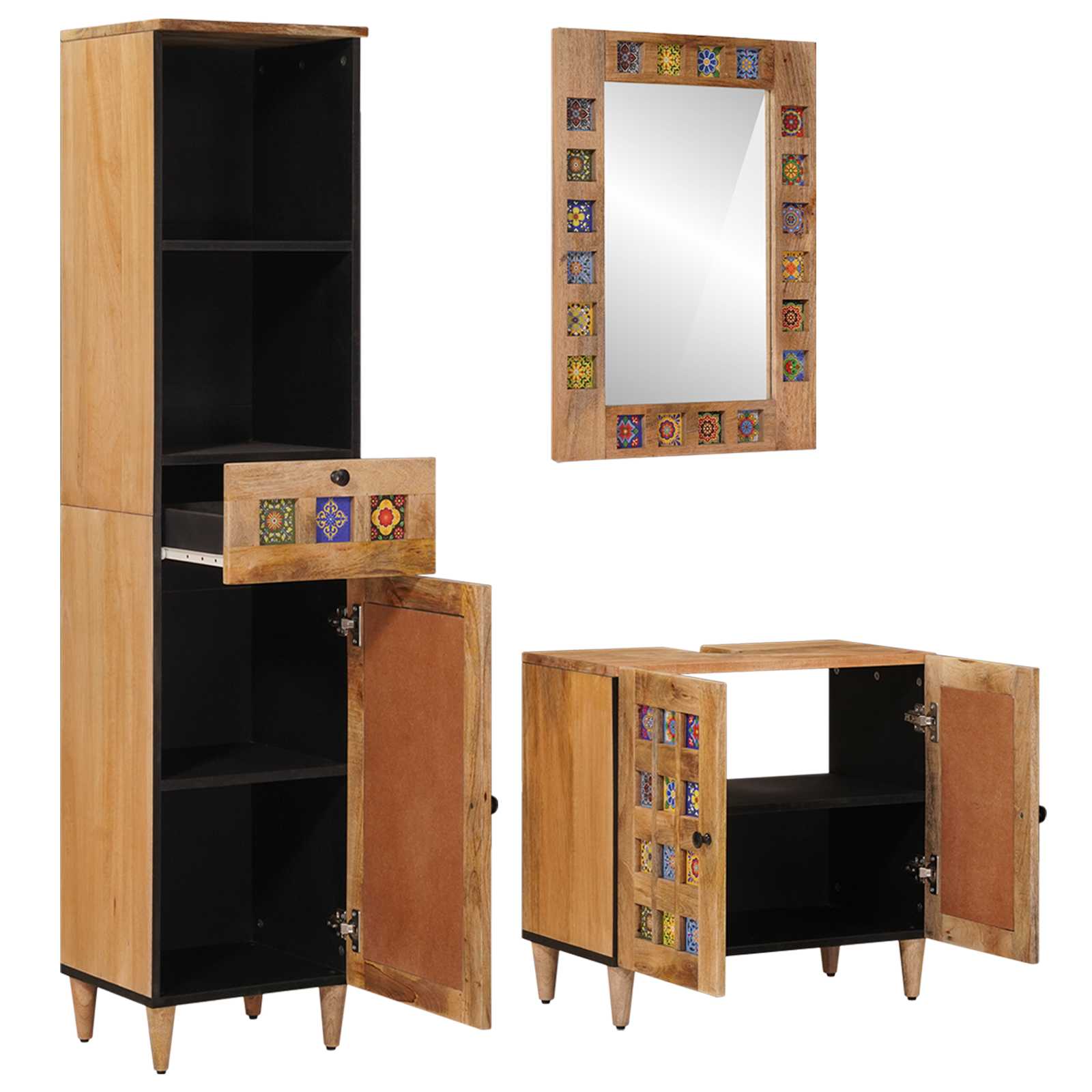 vidaXL Badezimmermöbel-Set mit Schubladen 3 pcs Natur Massivholz Mango
