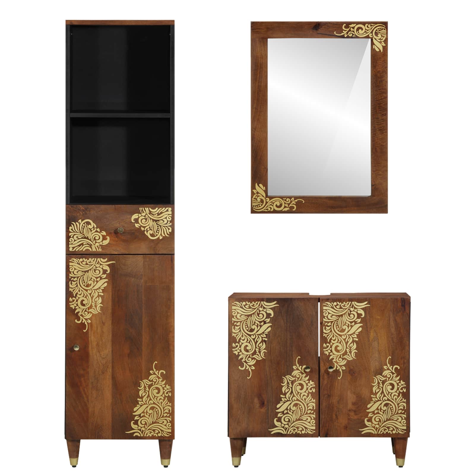 vidaXL Badezimmerschrank-Set mit Tür 3 pcs Honigbraun Massivholz Mango