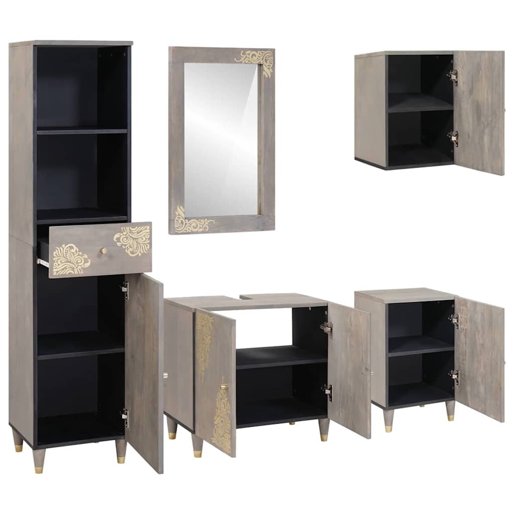 vidaXL Badezimmerschrank-Set Wandmontiert 5 pcs Grau Massivholz Mango