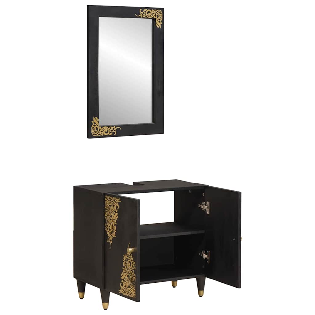 vidaXL Badezimmerschrank-Set mit Tür 2 pcs Schwarz Massivholz Mango