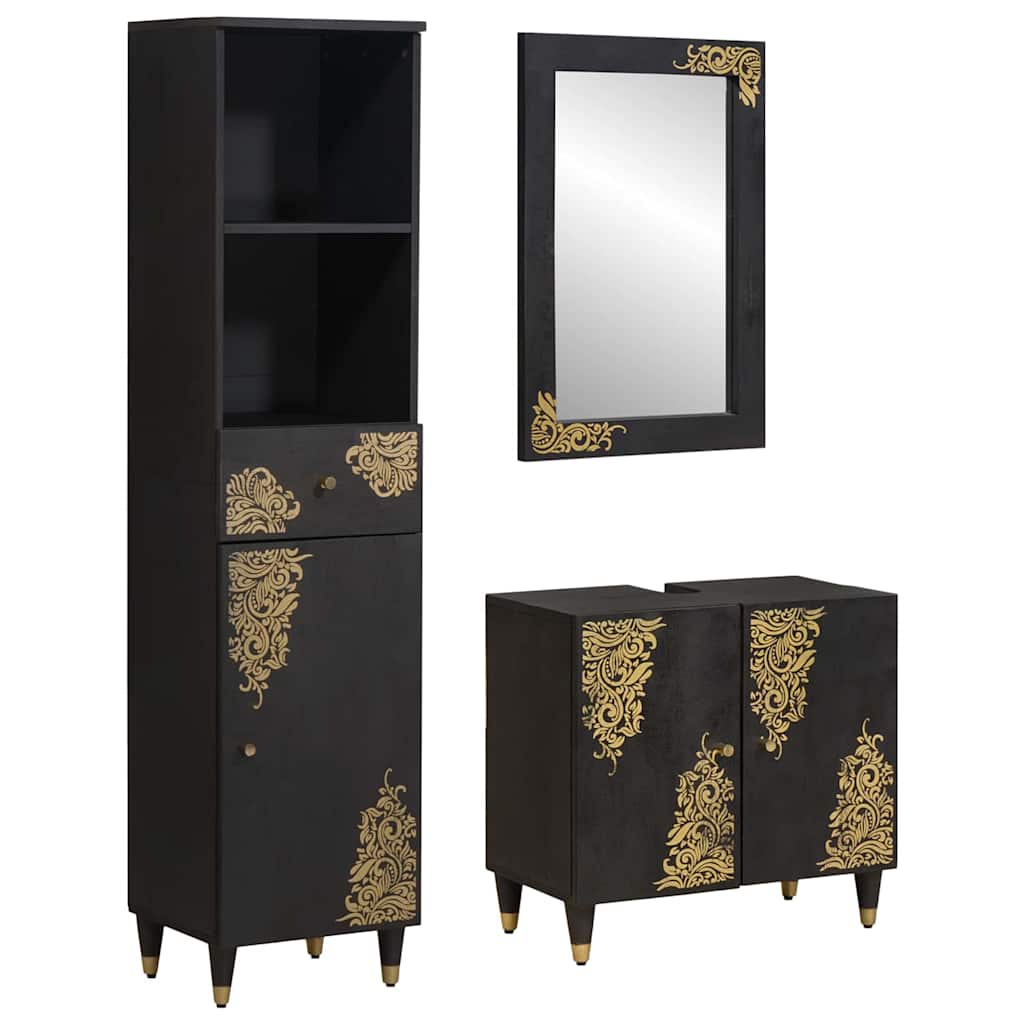 vidaXL Badezimmerschrank-Set mit Tür 3 pcs Schwarz Massivholz Mango