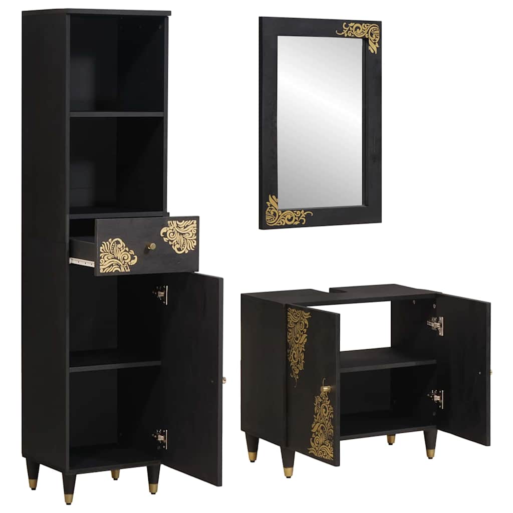 vidaXL Badezimmerschrank-Set mit Tür 3 pcs Schwarz Massivholz Mango