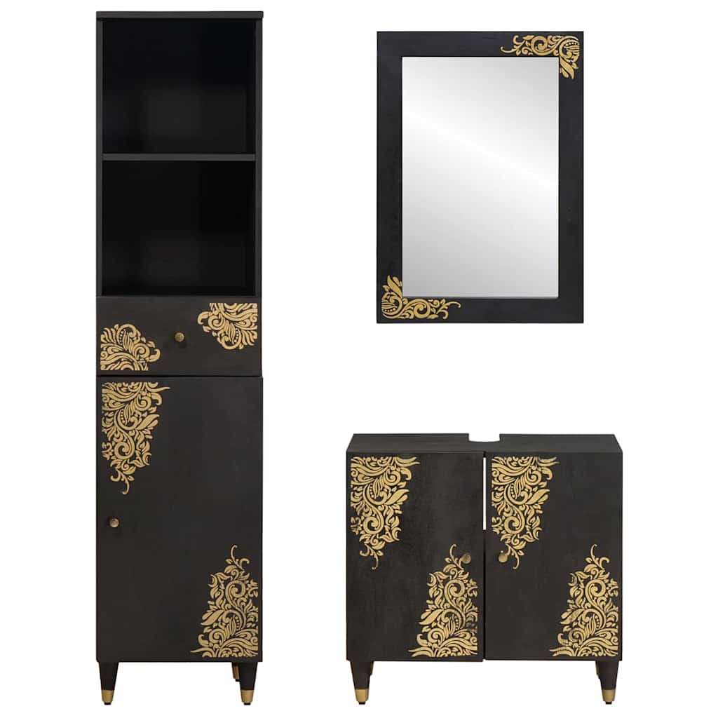 vidaXL Badezimmerschrank-Set mit Tür 3 pcs Schwarz Massivholz Mango
