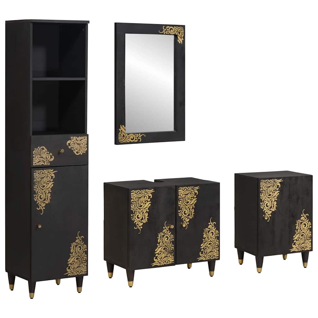 vidaXL Badezimmerschrank-Set mit Tür 4 pcs Schwarz Massivholz Mango