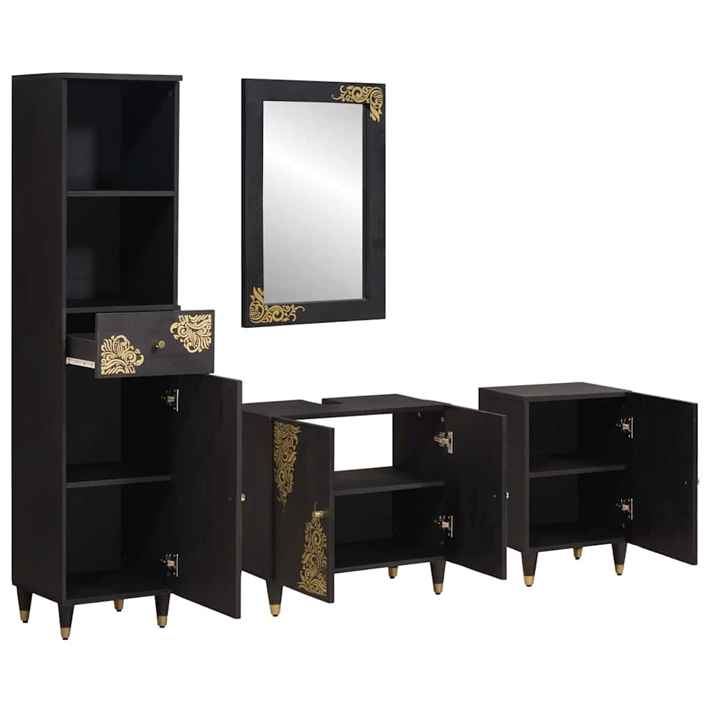vidaXL Badezimmerschrank-Set mit Tür 4 pcs Schwarz Massivholz Mango