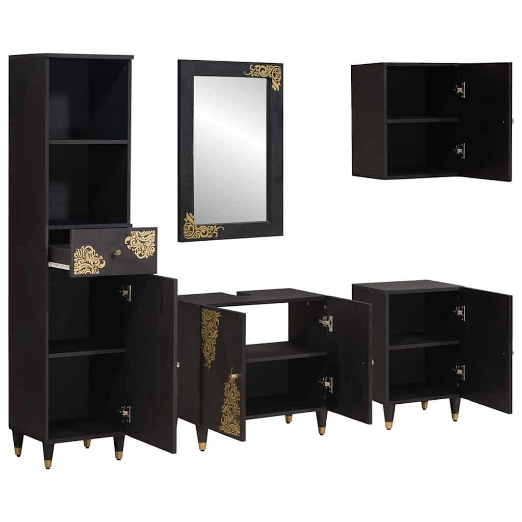 vidaXL Badezimmerschrank-Set mit Tür 5 pcs Schwarz Massivholz Mango