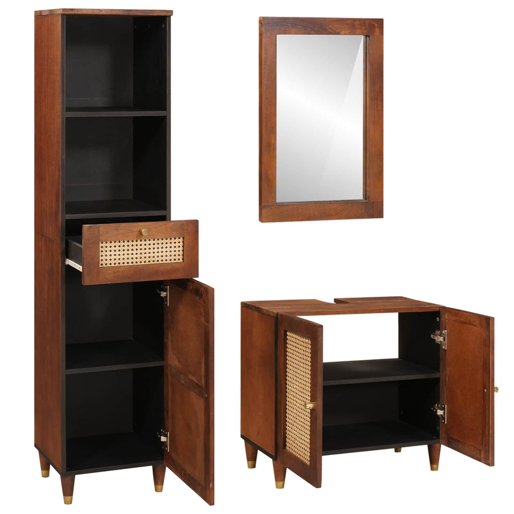 vidaXL Badezimmerschrank 3 pcs Braun und Schwarz Massivholz Mango
