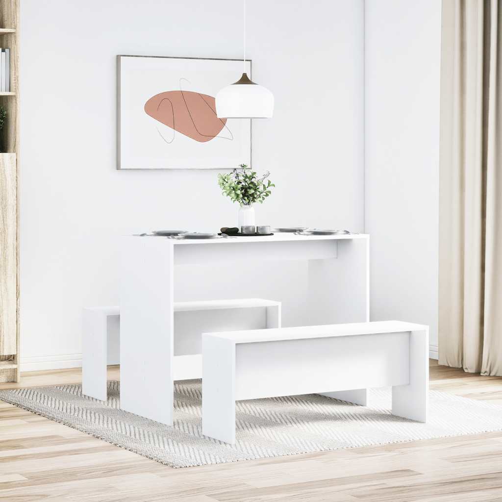 vidaXL 3-tlg. Esstisch und Bank Set Weiß Holzwerkstoff
