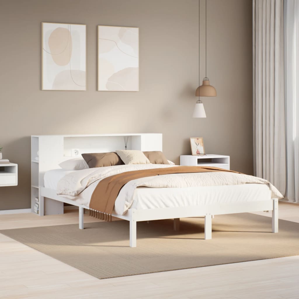 vidaXL Massivholzbett mit Regal ohne Matratze Weiß 135x190 cm Kiefer