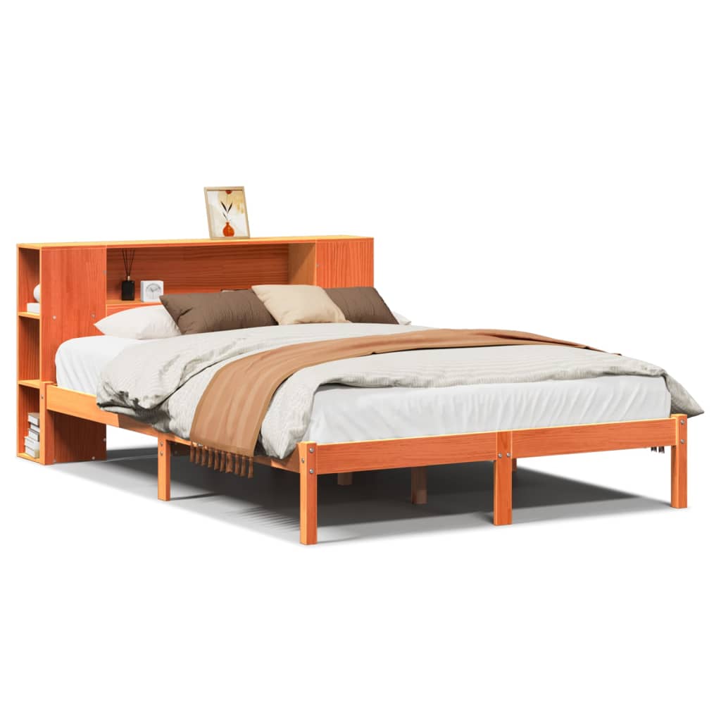 vidaXL Massivholzbett mit Regal ohne Matratze Wachsbraun 135x190 cm