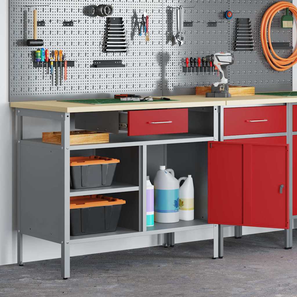 vidaXL Werkbank mit Schubladen mit Regal Rot und Grau 100 x 55 x 85 cm