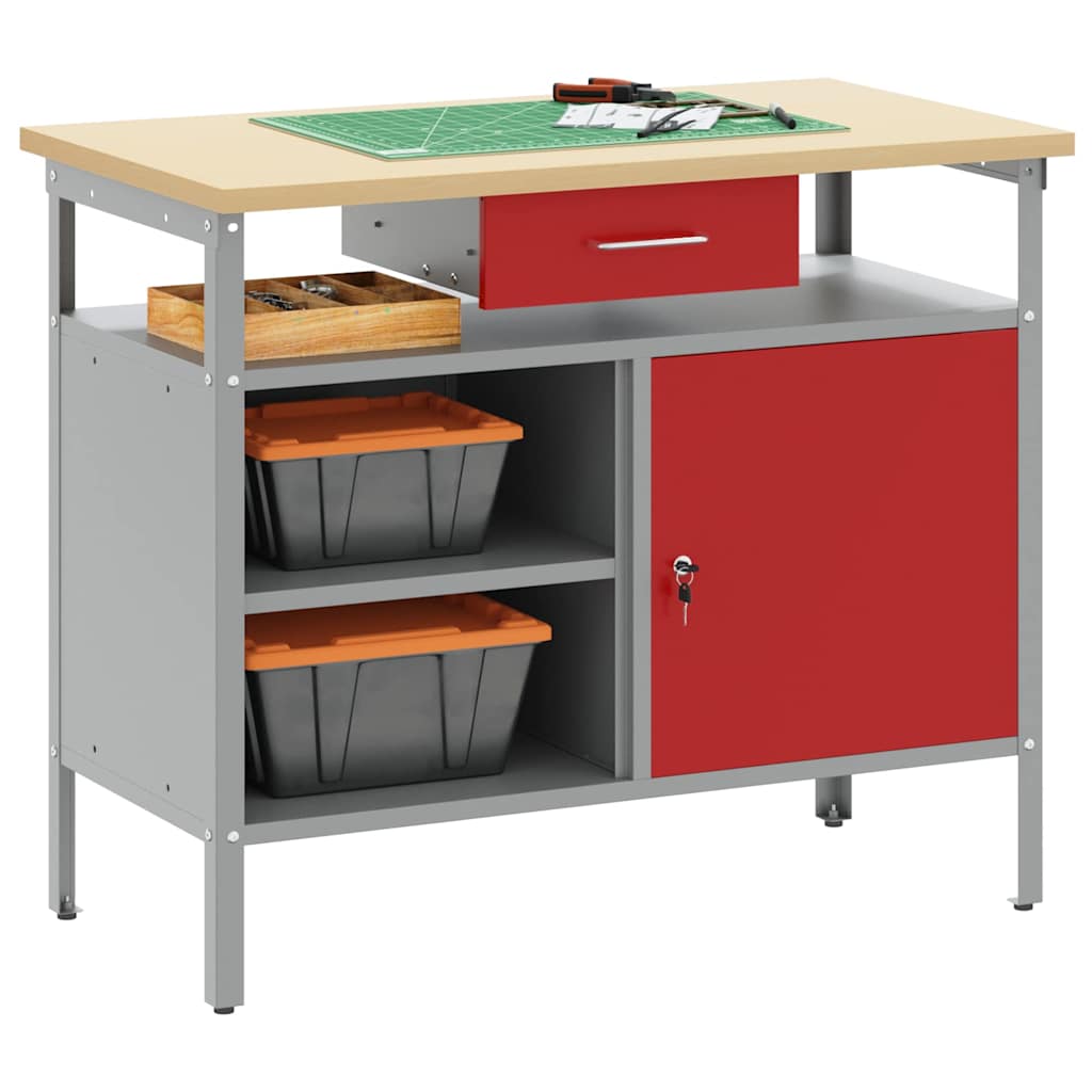 vidaXL Werkbank mit Schubladen mit Regal Rot und Grau 100 x 55 x 85 cm