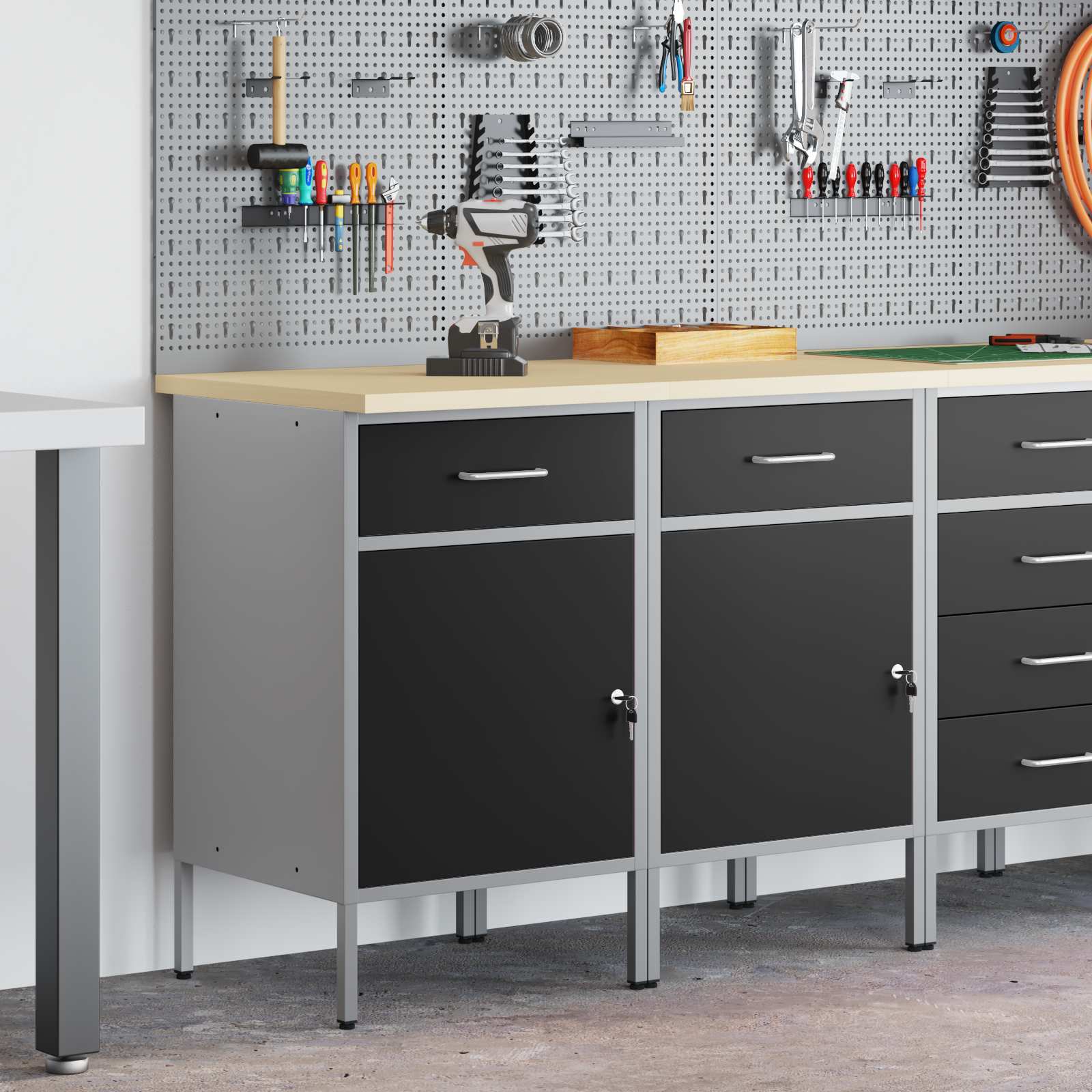 vidaXL Werkbank mit Schubladen 2 pcs Schwarz und Grau 100 x 55 x 85 cm