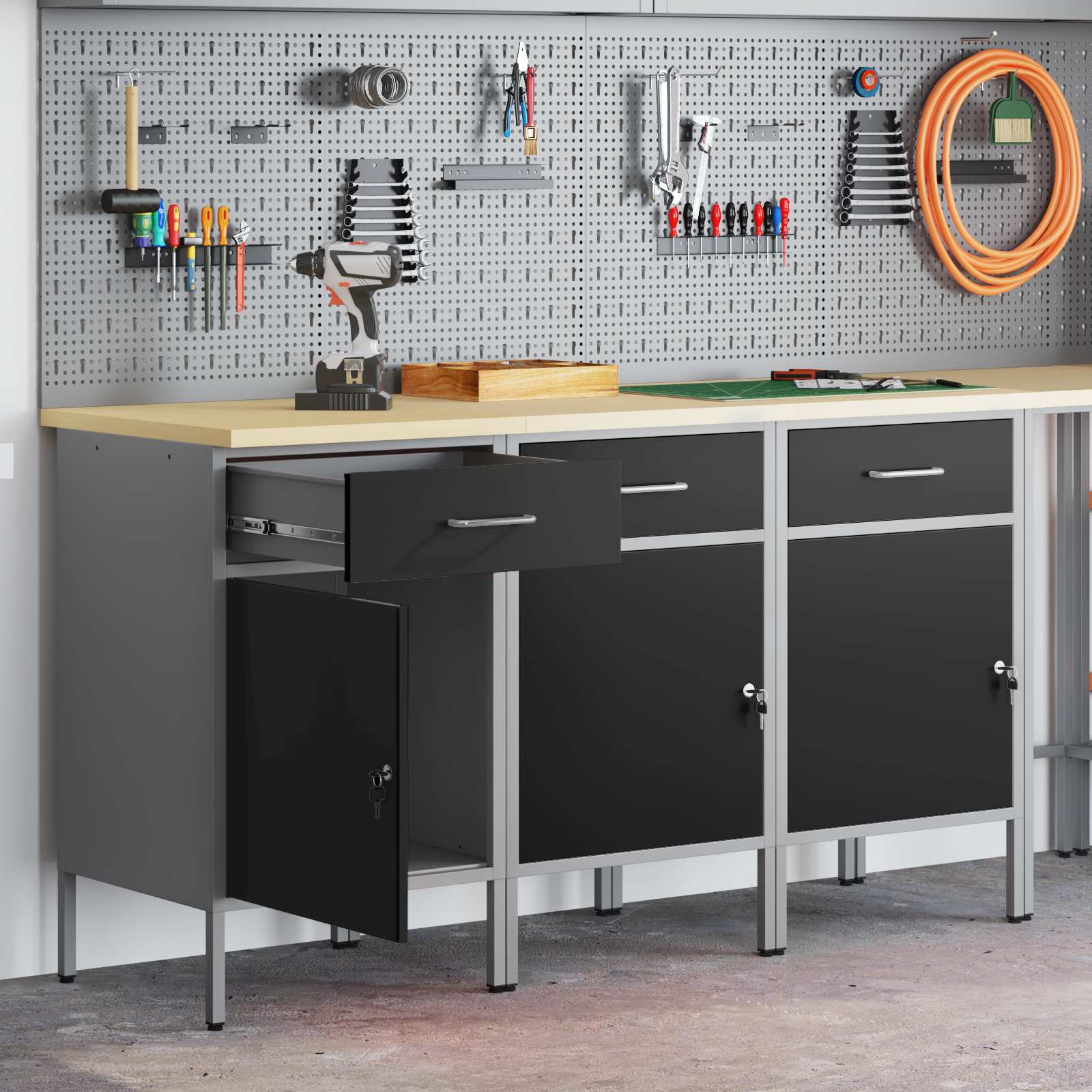vidaXL Werkbank mit Schubladen 3 pcs Schwarz und Grau 150 x 55 x 85 cm