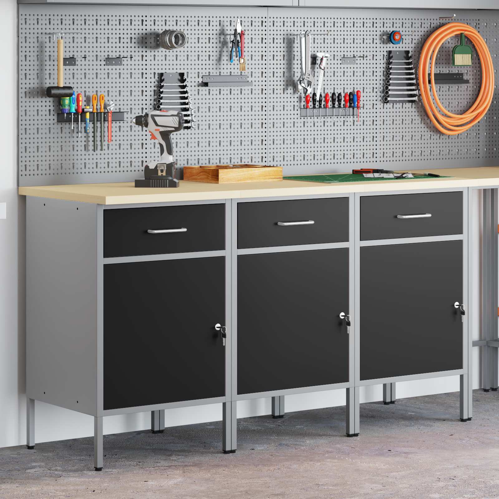 vidaXL Werkbank mit Schubladen 3 pcs Schwarz und Grau 150 x 55 x 85 cm