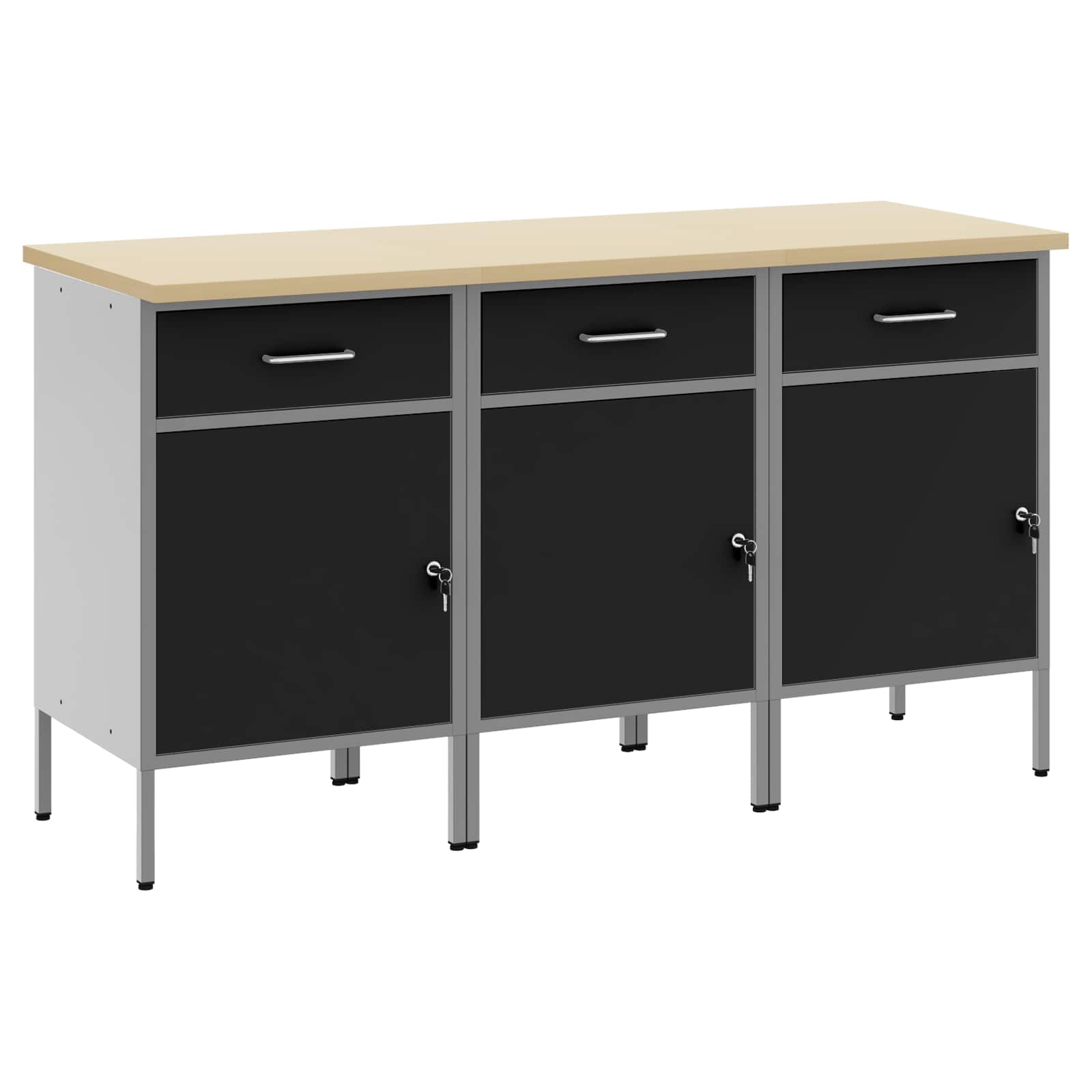 vidaXL Werkbank mit Schubladen 3 pcs Schwarz und Grau 150 x 55 x 85 cm