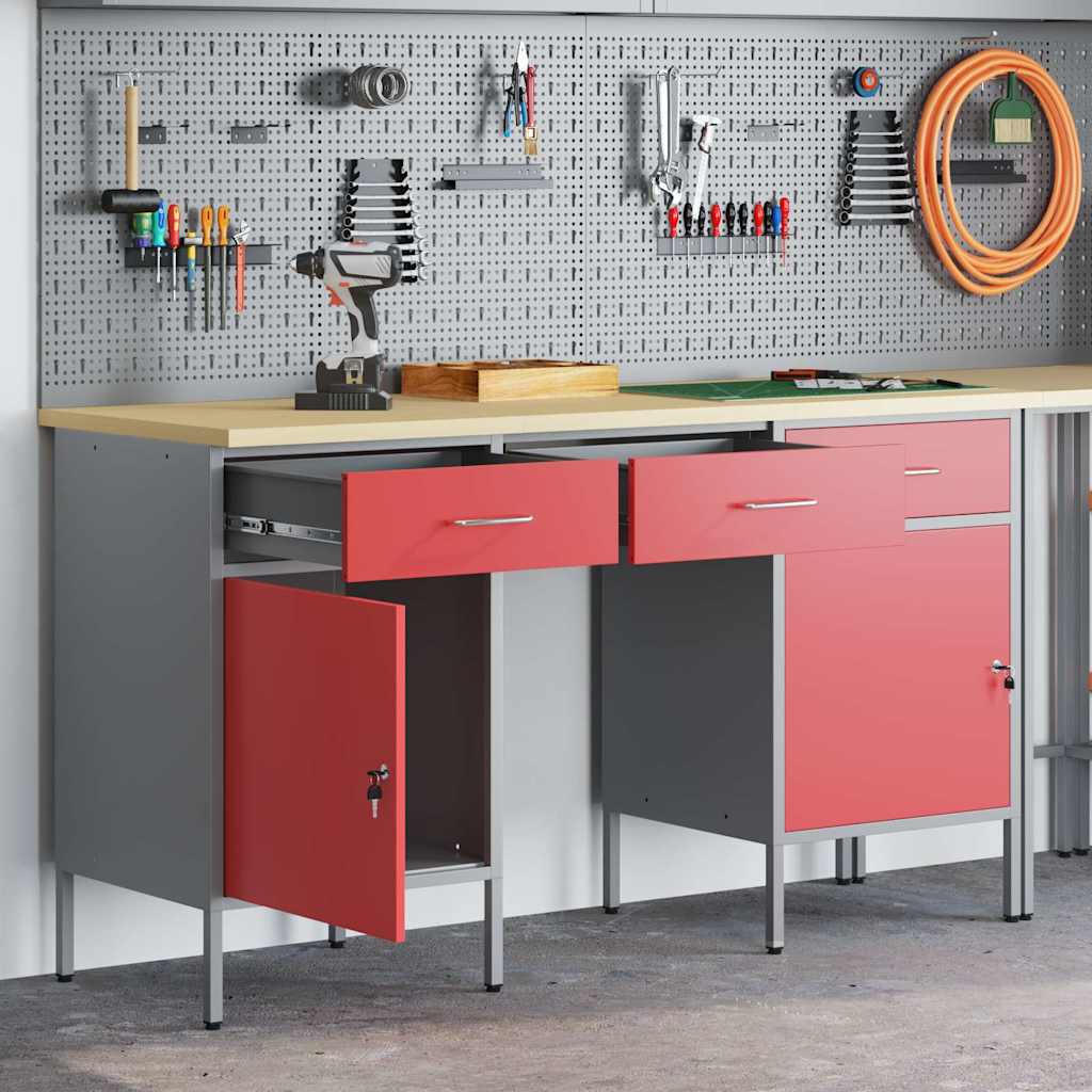 vidaXL Werkbank mit Schubladen 3 pcs Rot Ingenieure Holz und Stahl