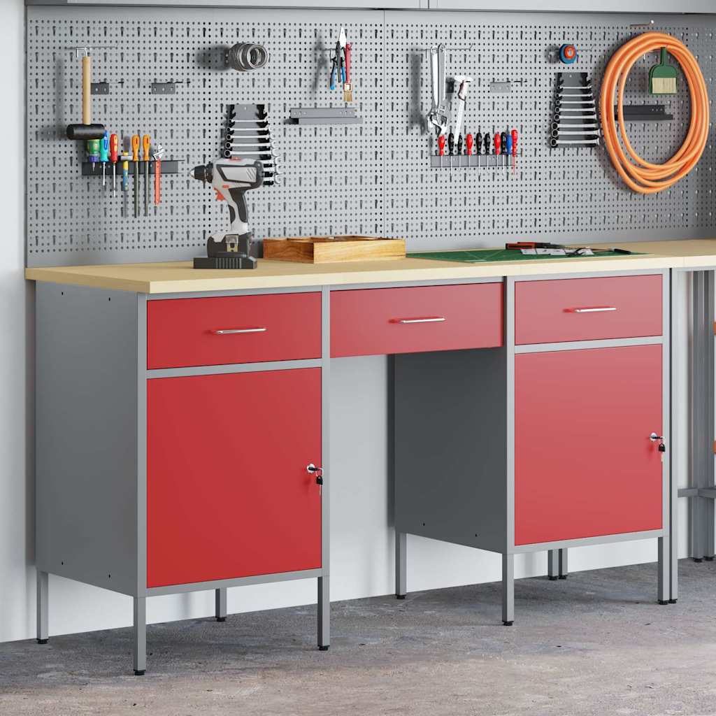vidaXL Werkbank mit Schubladen 3 pcs Rot Ingenieure Holz und Stahl