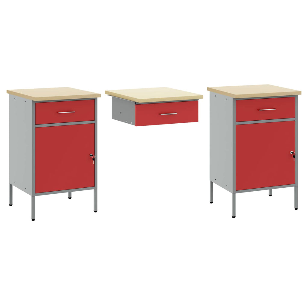 vidaXL Werkbank mit Schubladen 3 pcs Rot Ingenieure Holz und Stahl