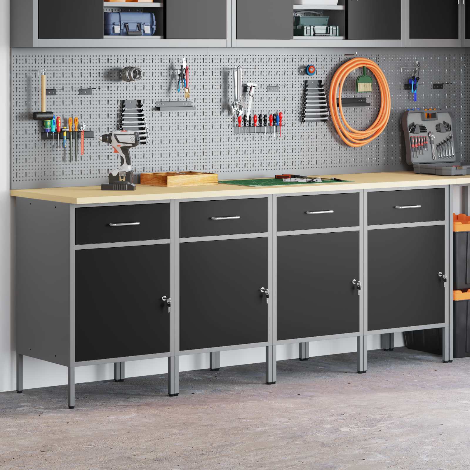 vidaXL Werkbank mit Schubladen 4 pcs Schwarz und Grau 200 x 55 x 85 cm