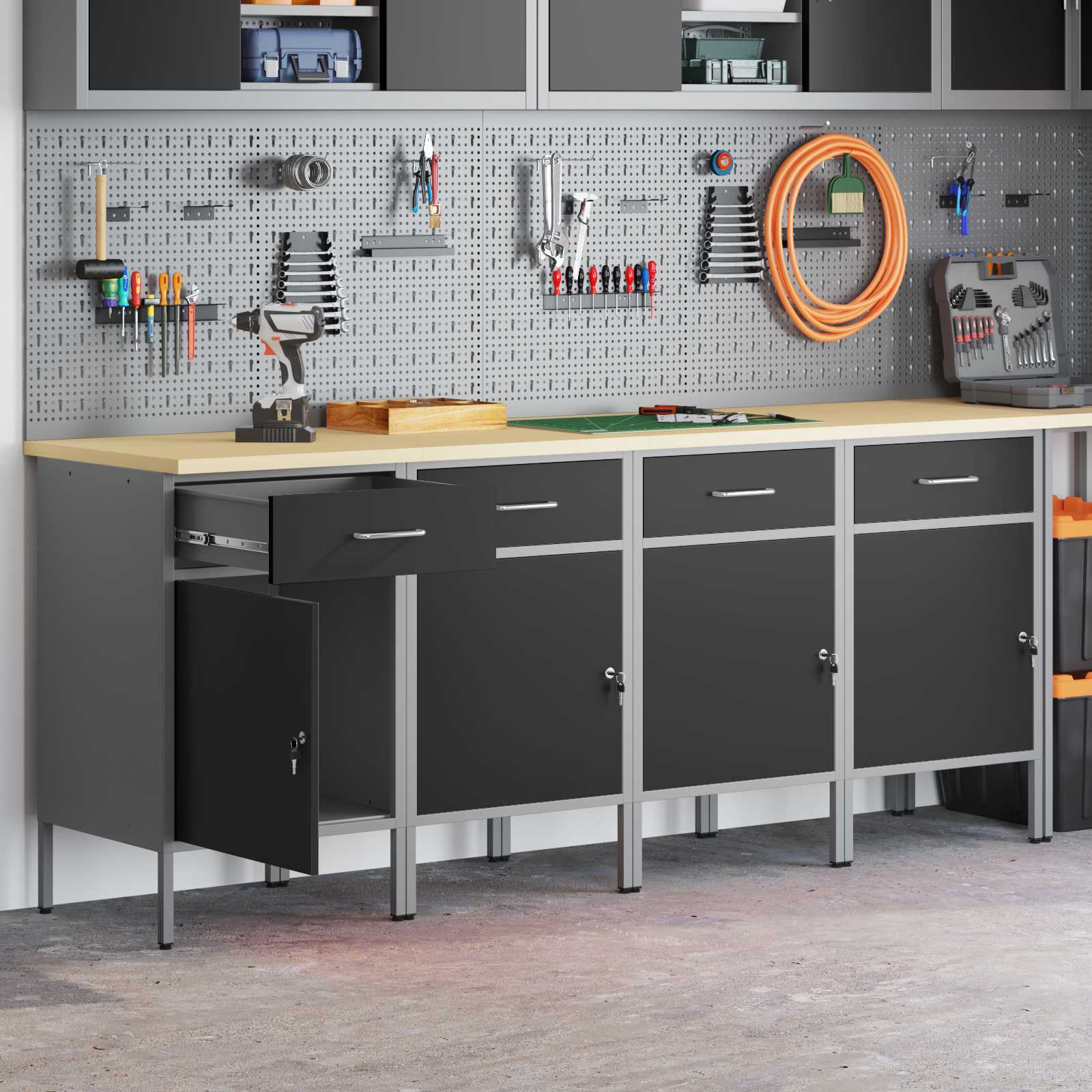 vidaXL Werkbank mit Schubladen 4 pcs Schwarz und Grau 200 x 55 x 85 cm