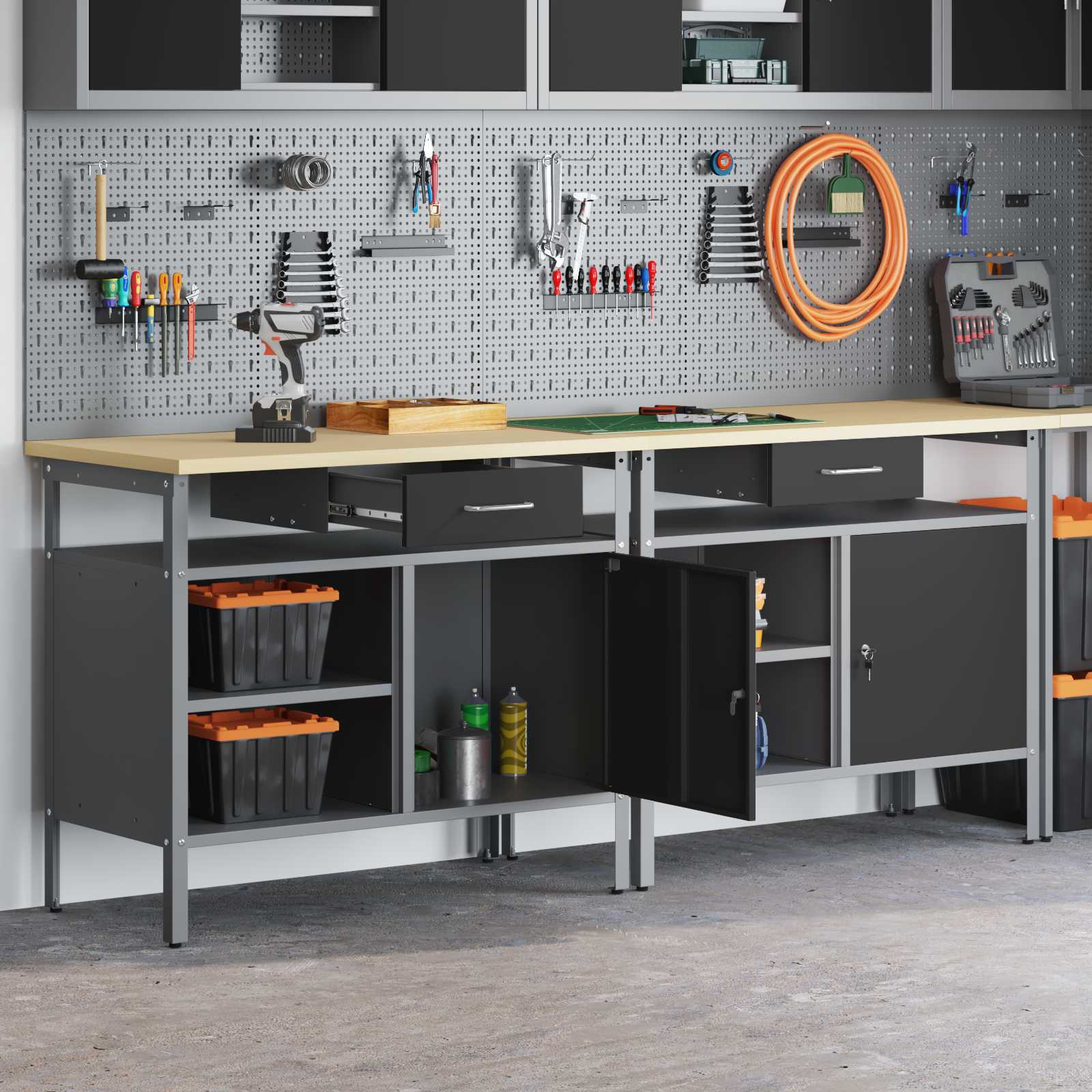 vidaXL Werkbank-Set mit Regal 2 pcs Schwarz und Grau 200 x 55 x 85 cm