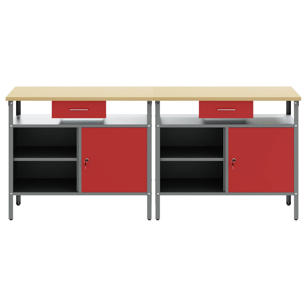 vidaXL Werkbank-Set mit Schubladen 2 pcs Rot und Grau 200 x 55 x 85 cm