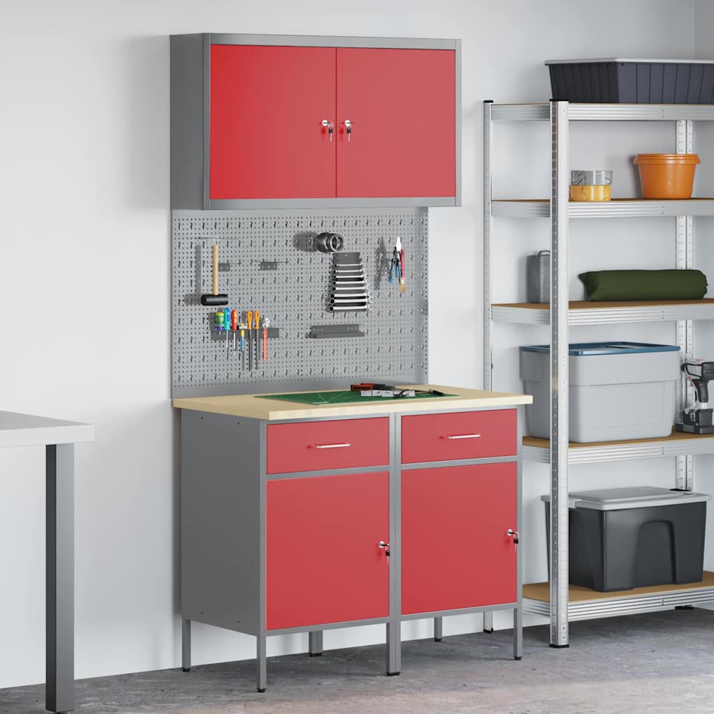 vidaXL Werkbank mit Schubladen 5 pcs Rot Ingenieure Holz und Stahl