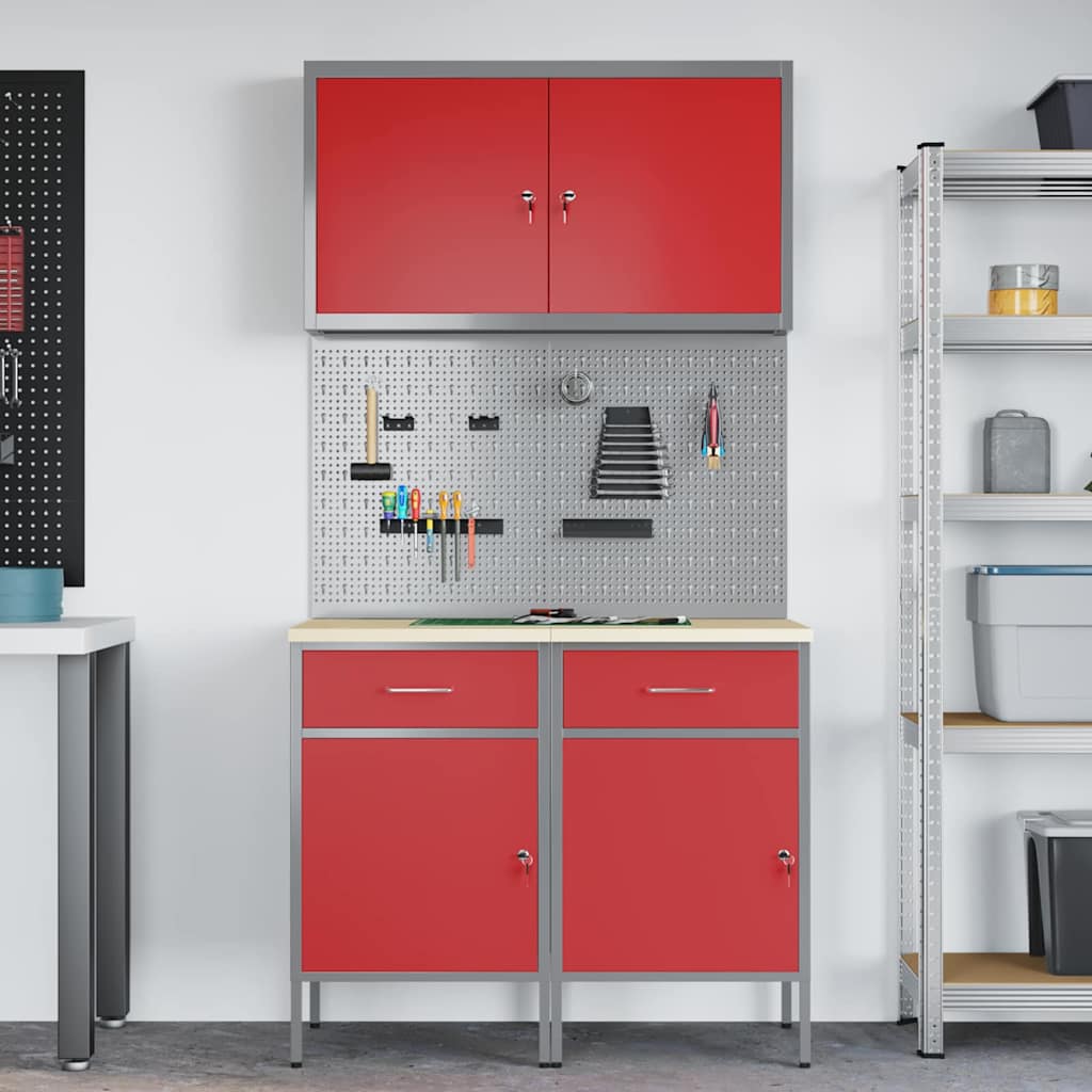 vidaXL Werkbank mit Schubladen 5 pcs Rot Ingenieure Holz und Stahl