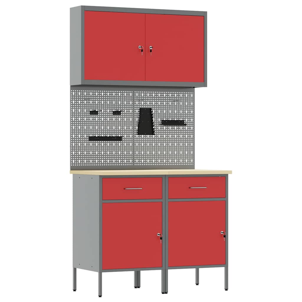 vidaXL Werkbank mit Schubladen 5 pcs Rot Ingenieure Holz und Stahl