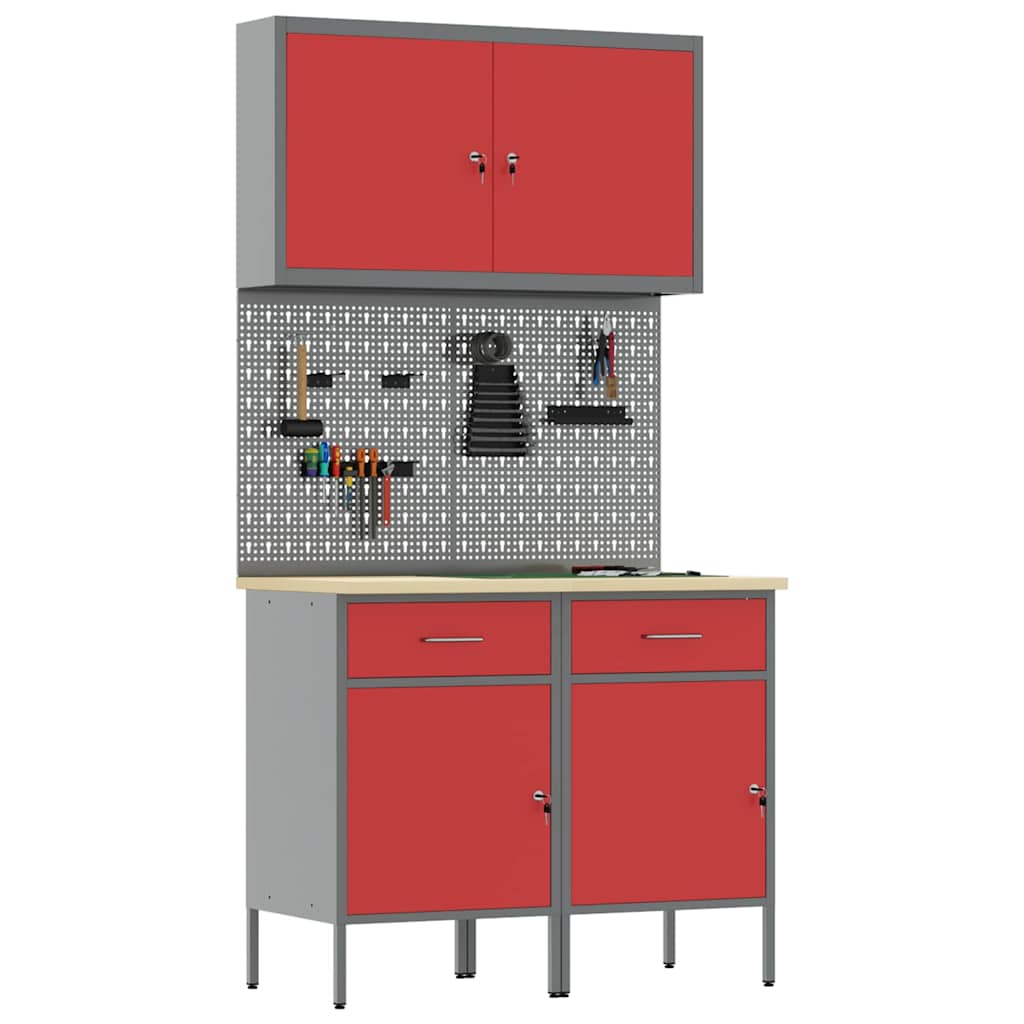 vidaXL Werkbank mit Schubladen 5 pcs Rot Ingenieure Holz und Stahl