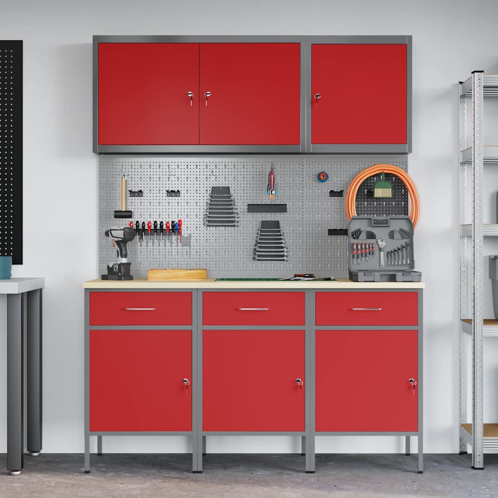 vidaXL Werkbank mit Schubladen 8 pcs Rot Ingenieure Holz und Stahl