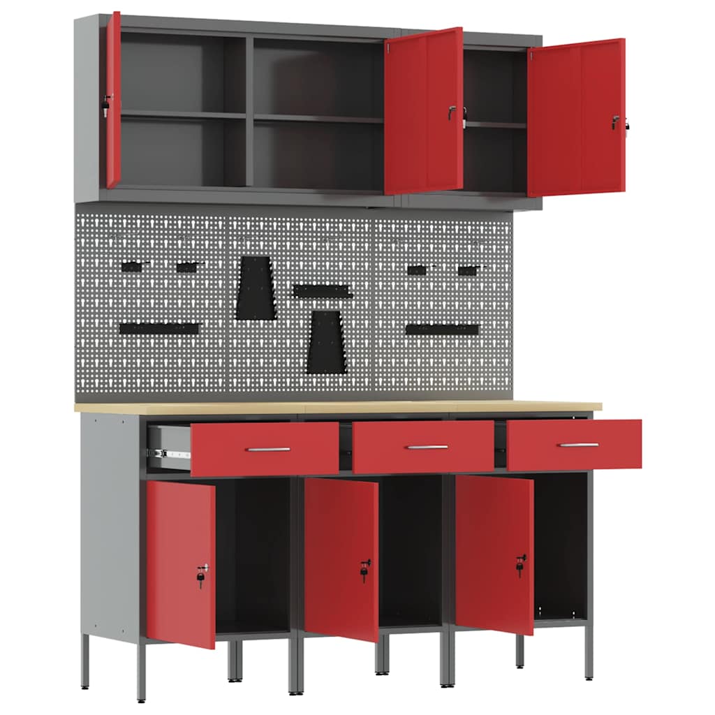 vidaXL Werkbank mit Schubladen 8 pcs Rot Ingenieure Holz und Stahl