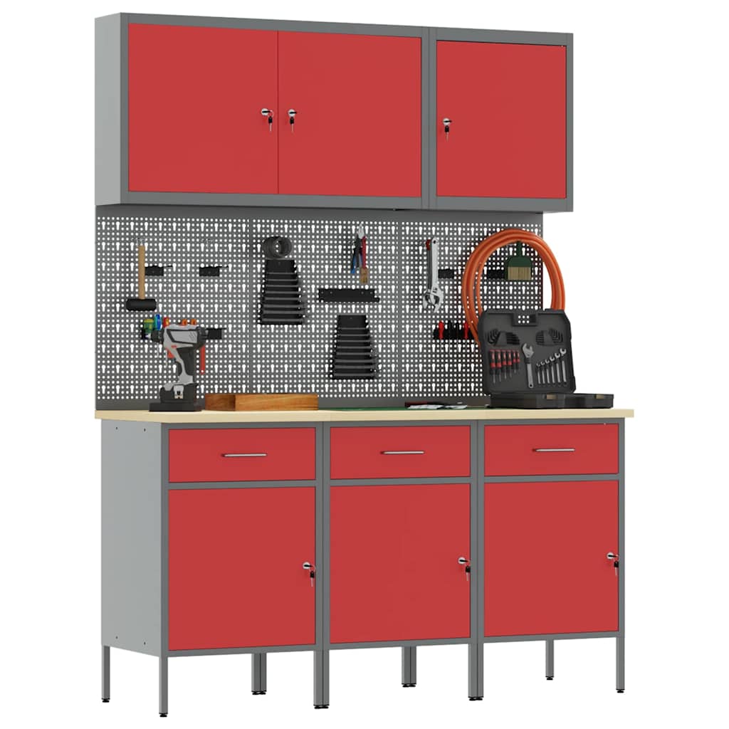 vidaXL Werkbank mit Schubladen 8 pcs Rot Ingenieure Holz und Stahl