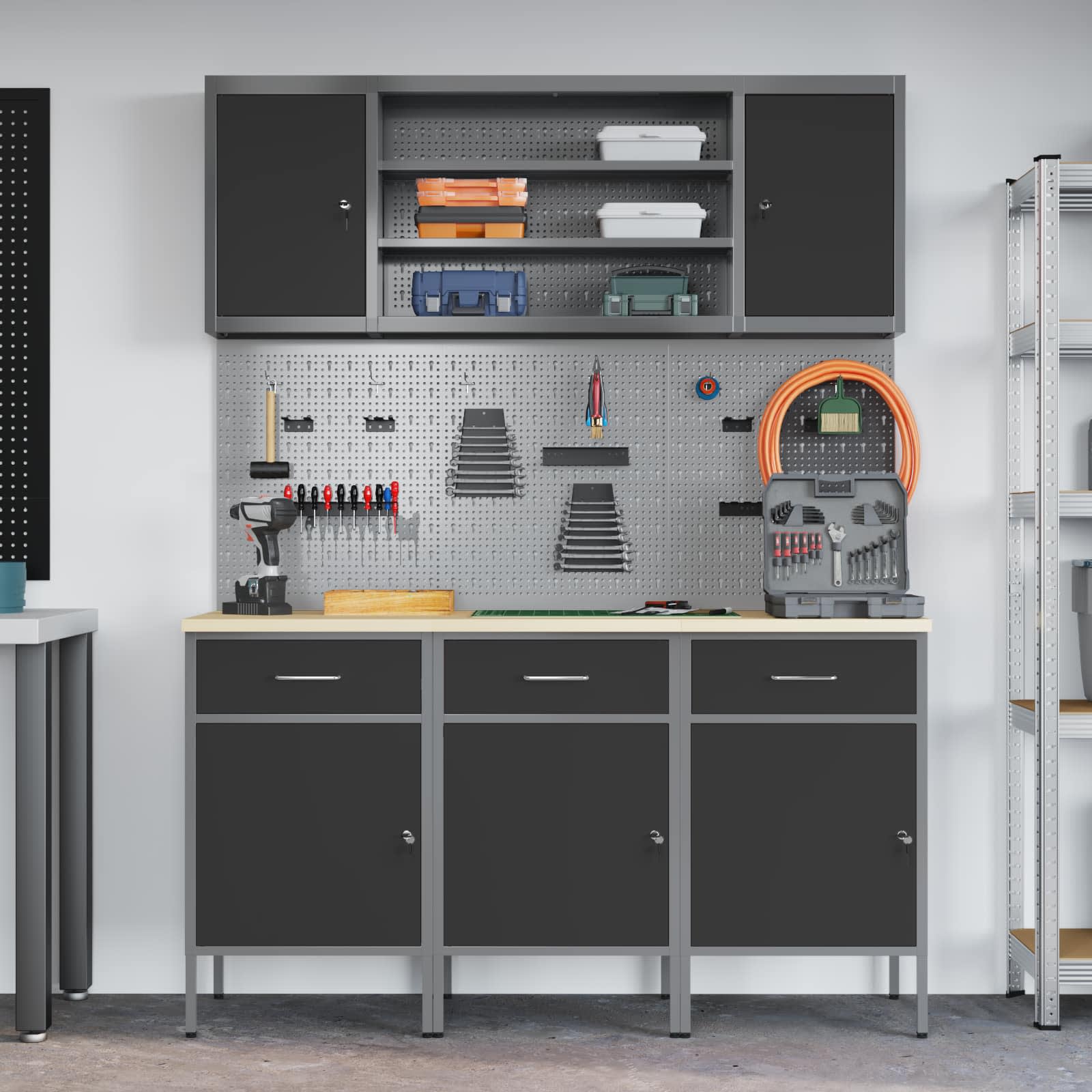 vidaXL Werkbank mit Schubladen 7 pcs Schwarz Ingenieure Holz und Stahl