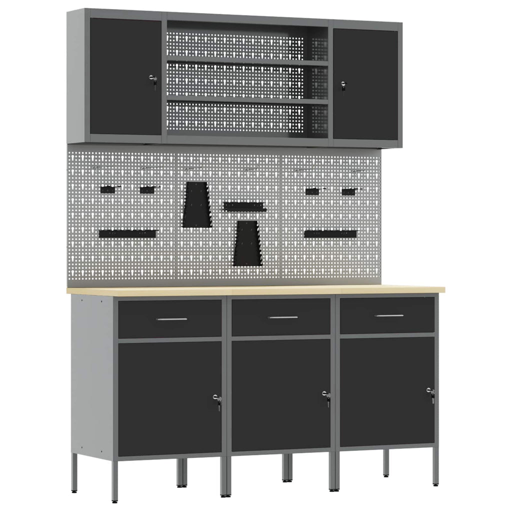 vidaXL Werkbank mit Schubladen 7 pcs Schwarz Ingenieure Holz und Stahl