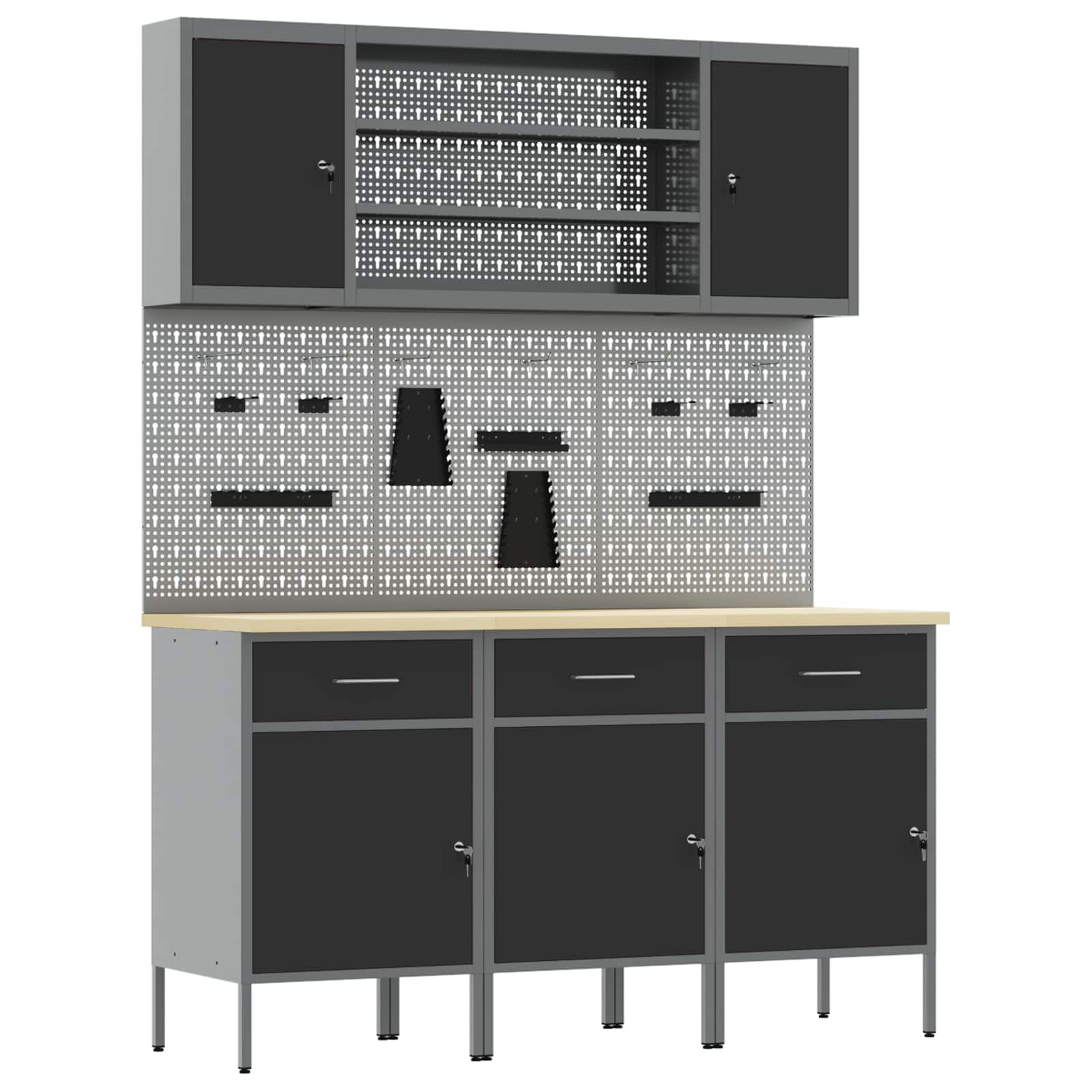 vidaXL Werkbank mit Schubladen 7 pcs Schwarz Ingenieure Holz und Stahl