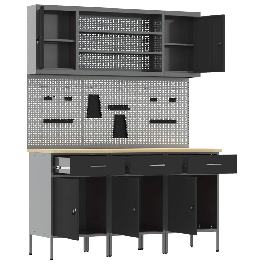 vidaXL Werkbank mit Schubladen 7 pcs Schwarz Ingenieure Holz und Stahl