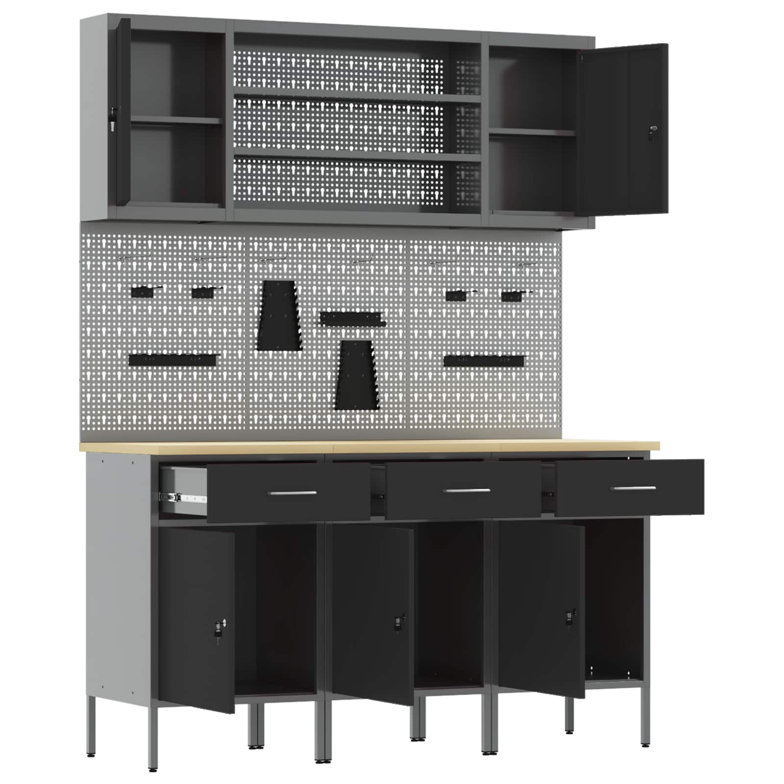 vidaXL Werkbank mit Schubladen 7 pcs Schwarz Ingenieure Holz und Stahl
