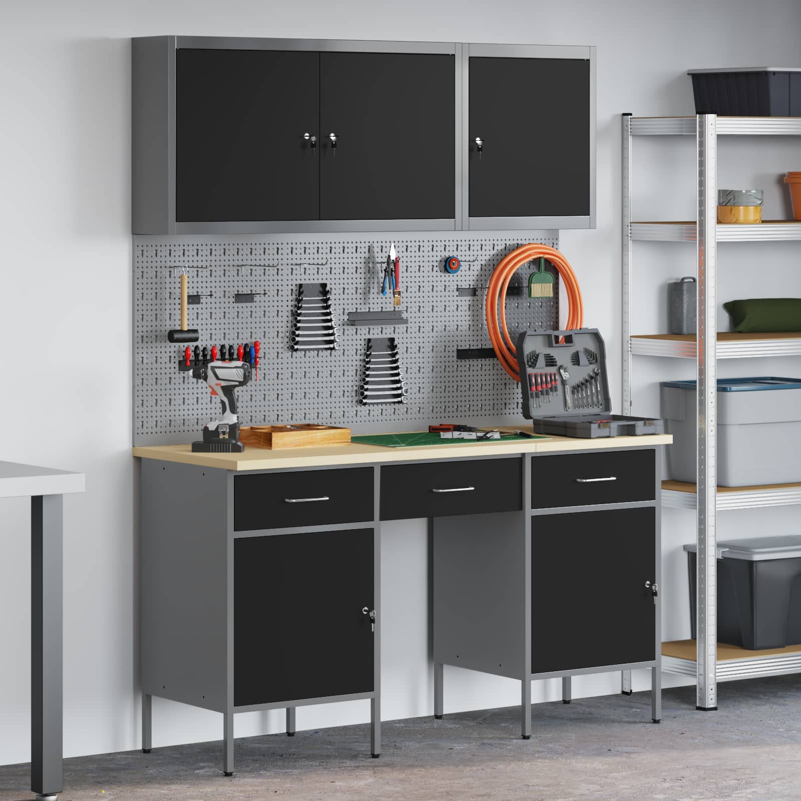 vidaXL Werkbank mit Speicher 10 pcs Schwarz Ingenieure Holz und Stahl