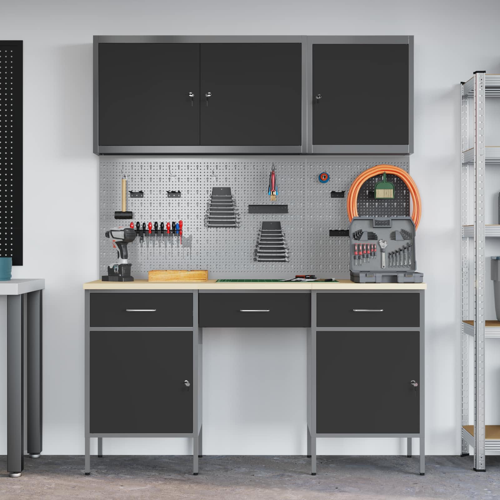 vidaXL Werkbank mit Speicher 10 pcs Schwarz Ingenieure Holz und Stahl