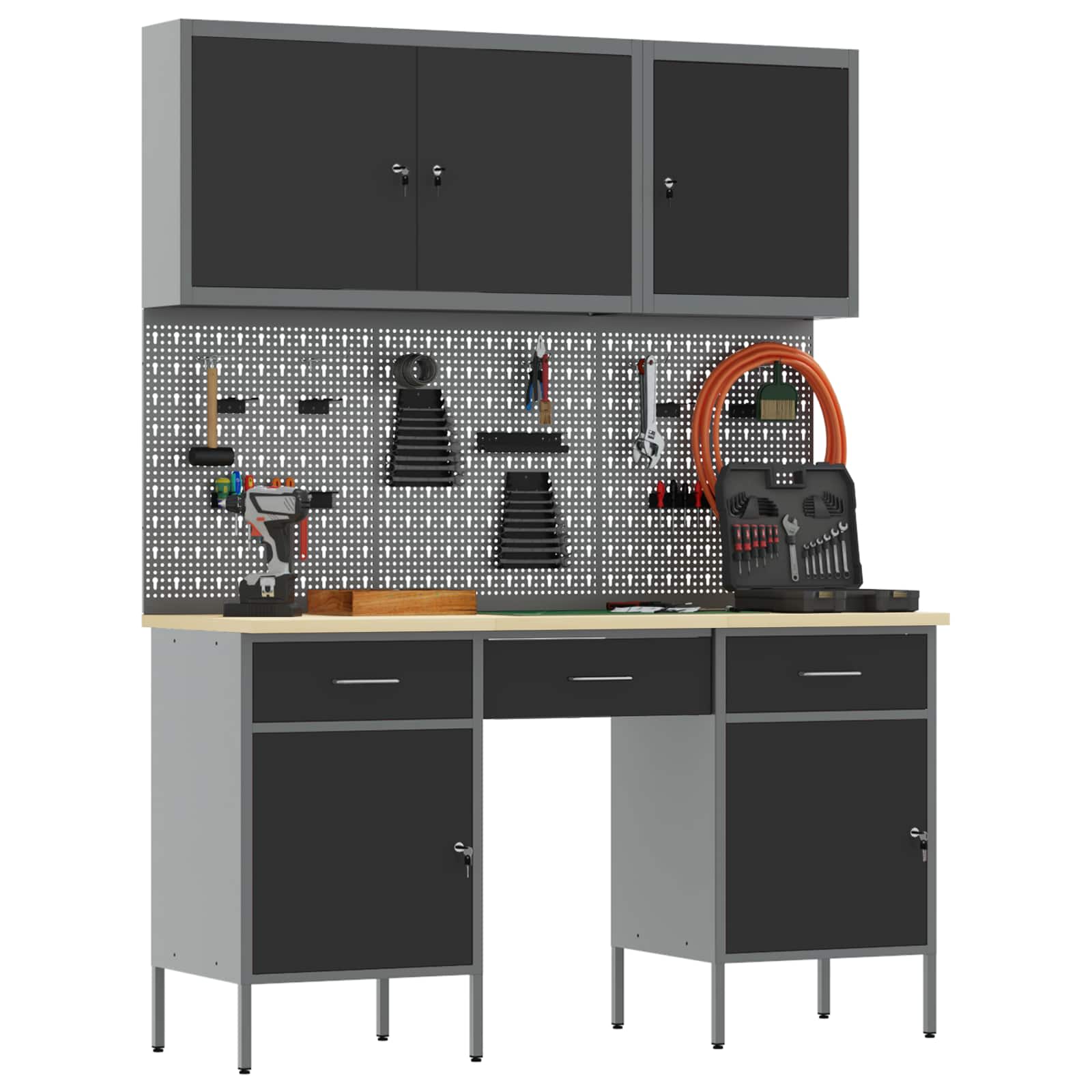 vidaXL Werkbank mit Speicher 10 pcs Schwarz Ingenieure Holz und Stahl