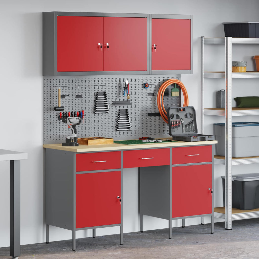 vidaXL Werkbank mit Schubladen 10 pcs Rot Ingenieure Holz und Stahl