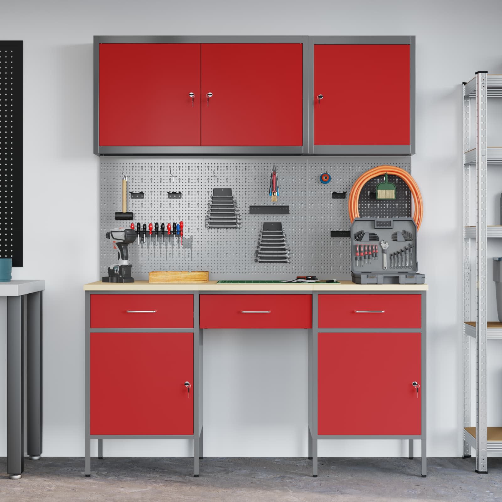 vidaXL Werkbank mit Schubladen 10 pcs Rot Ingenieure Holz und Stahl