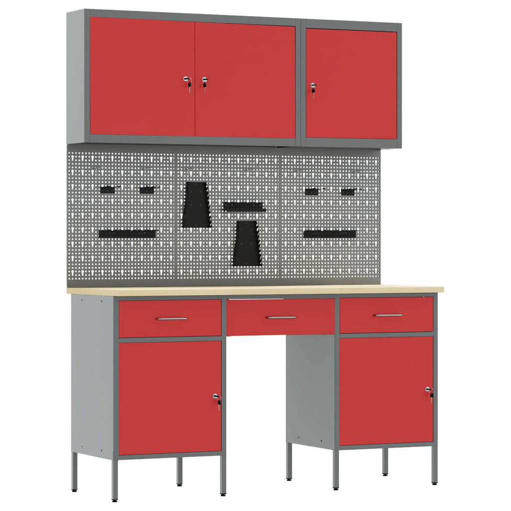 vidaXL Werkbank mit Schubladen 10 pcs Rot Ingenieure Holz und Stahl