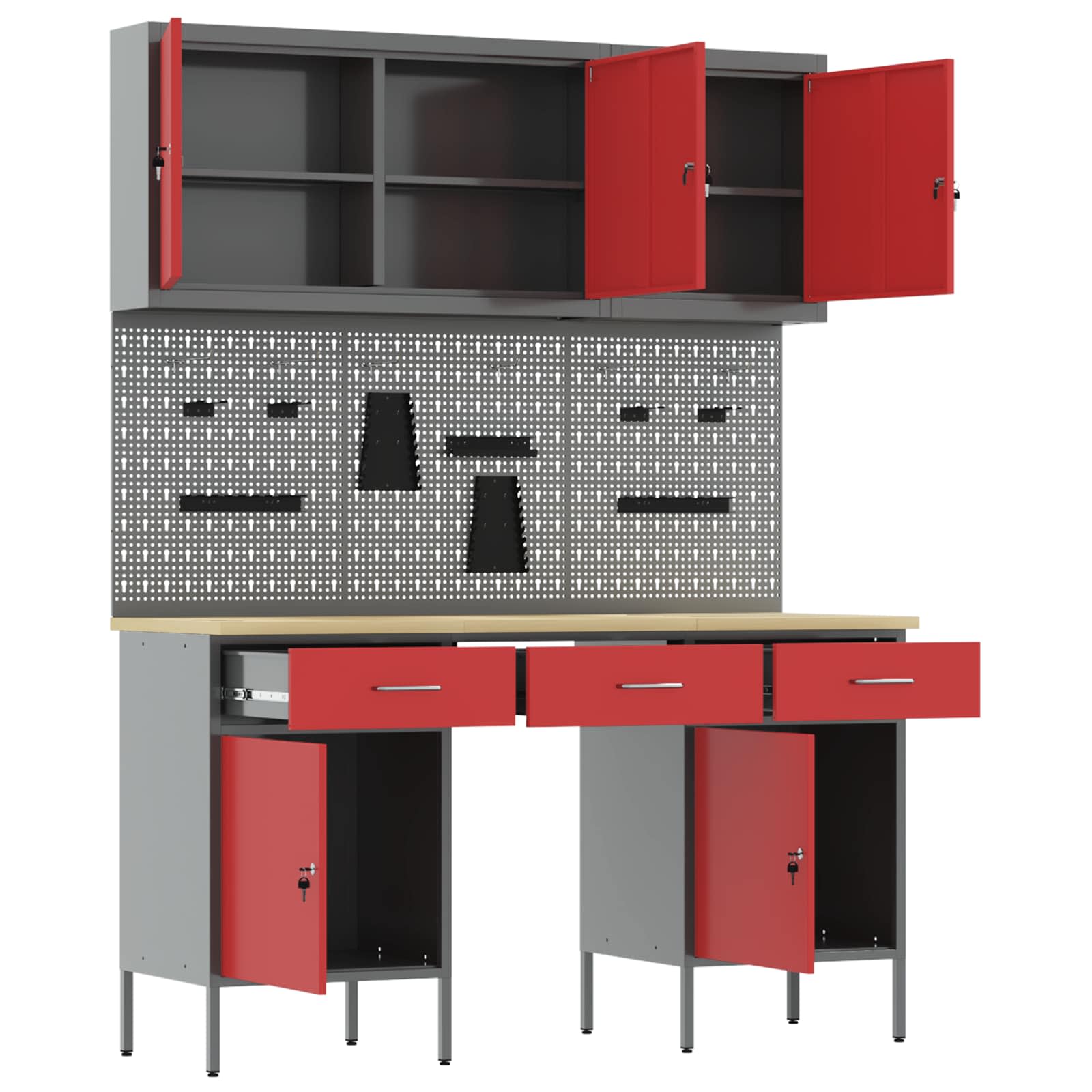 vidaXL Werkbank mit Schubladen 10 pcs Rot Ingenieure Holz und Stahl
