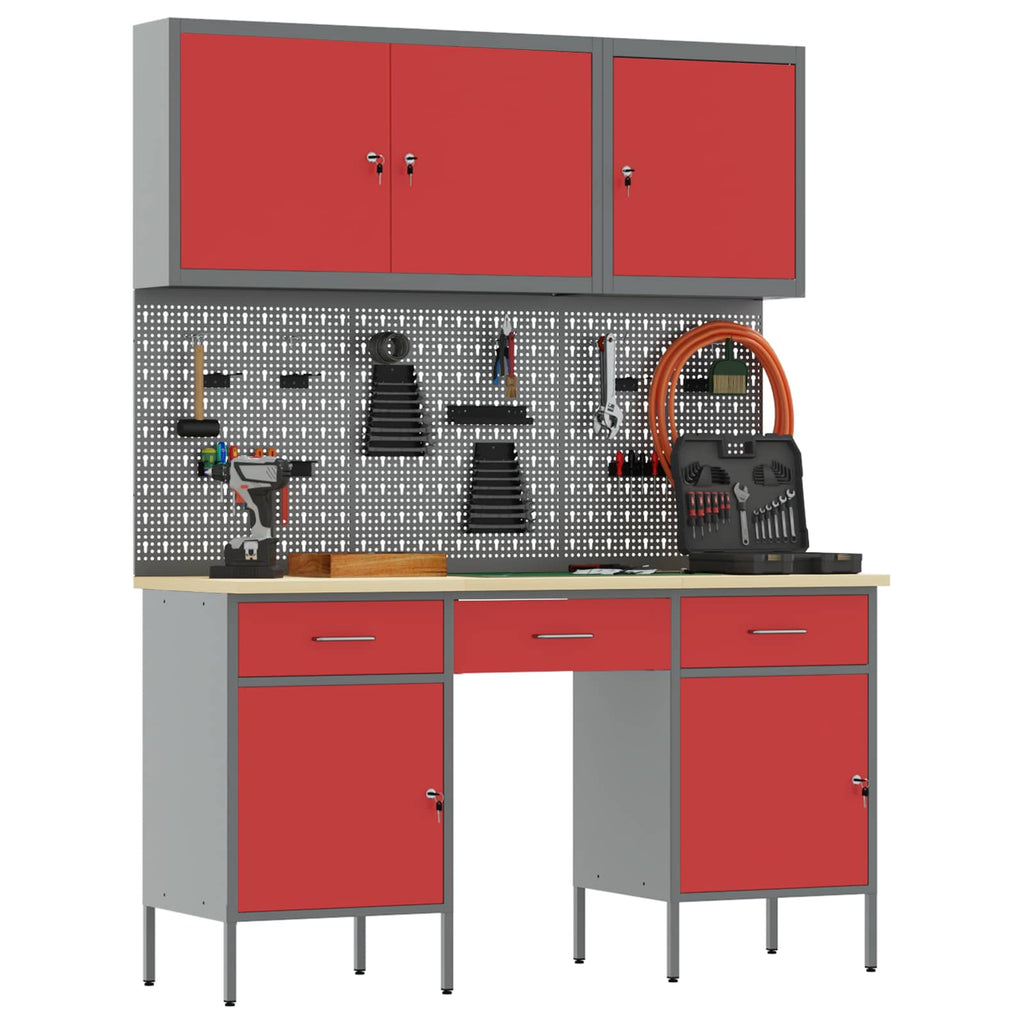 vidaXL Werkbank mit Schubladen 10 pcs Rot Ingenieure Holz und Stahl