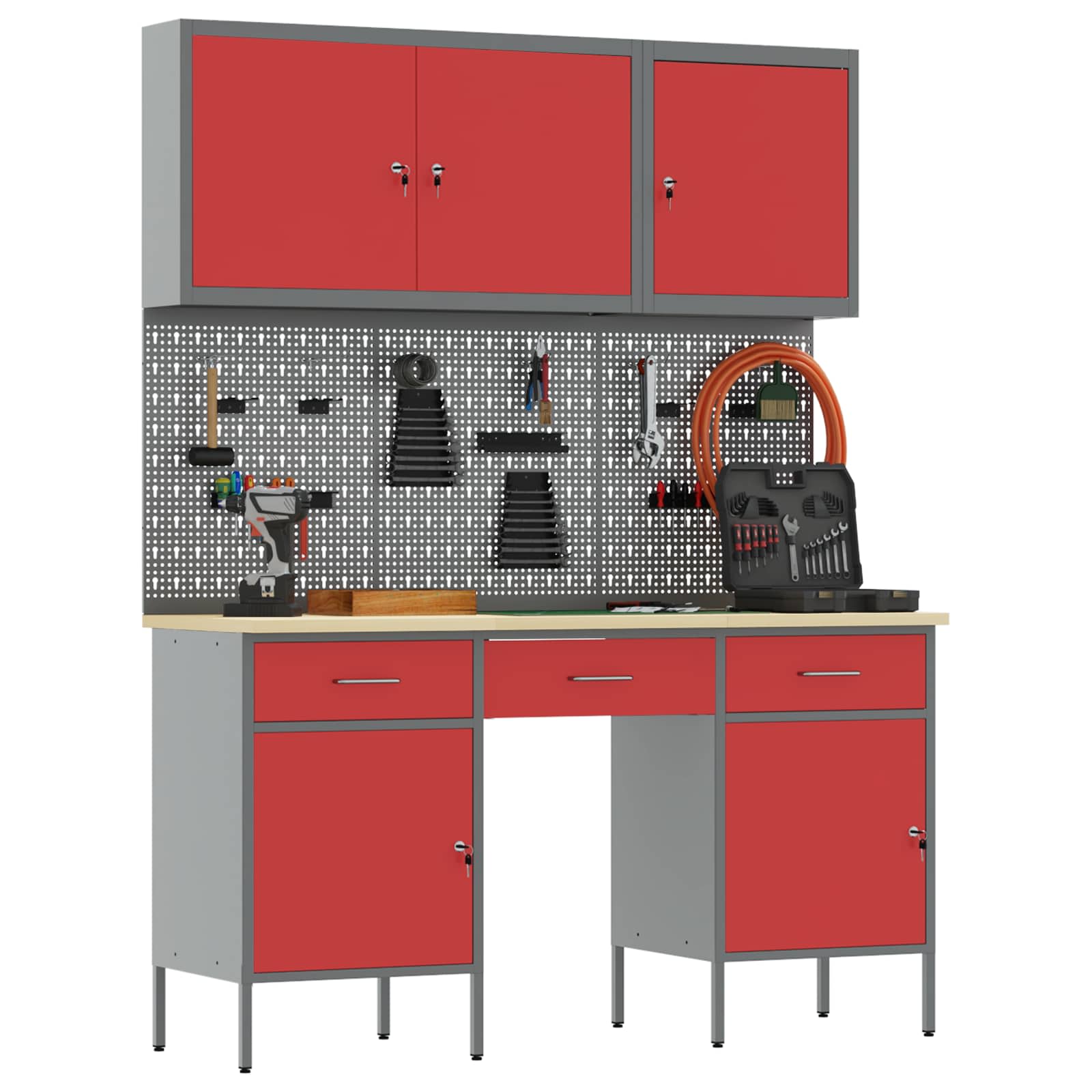 vidaXL Werkbank mit Schubladen 10 pcs Rot Ingenieure Holz und Stahl