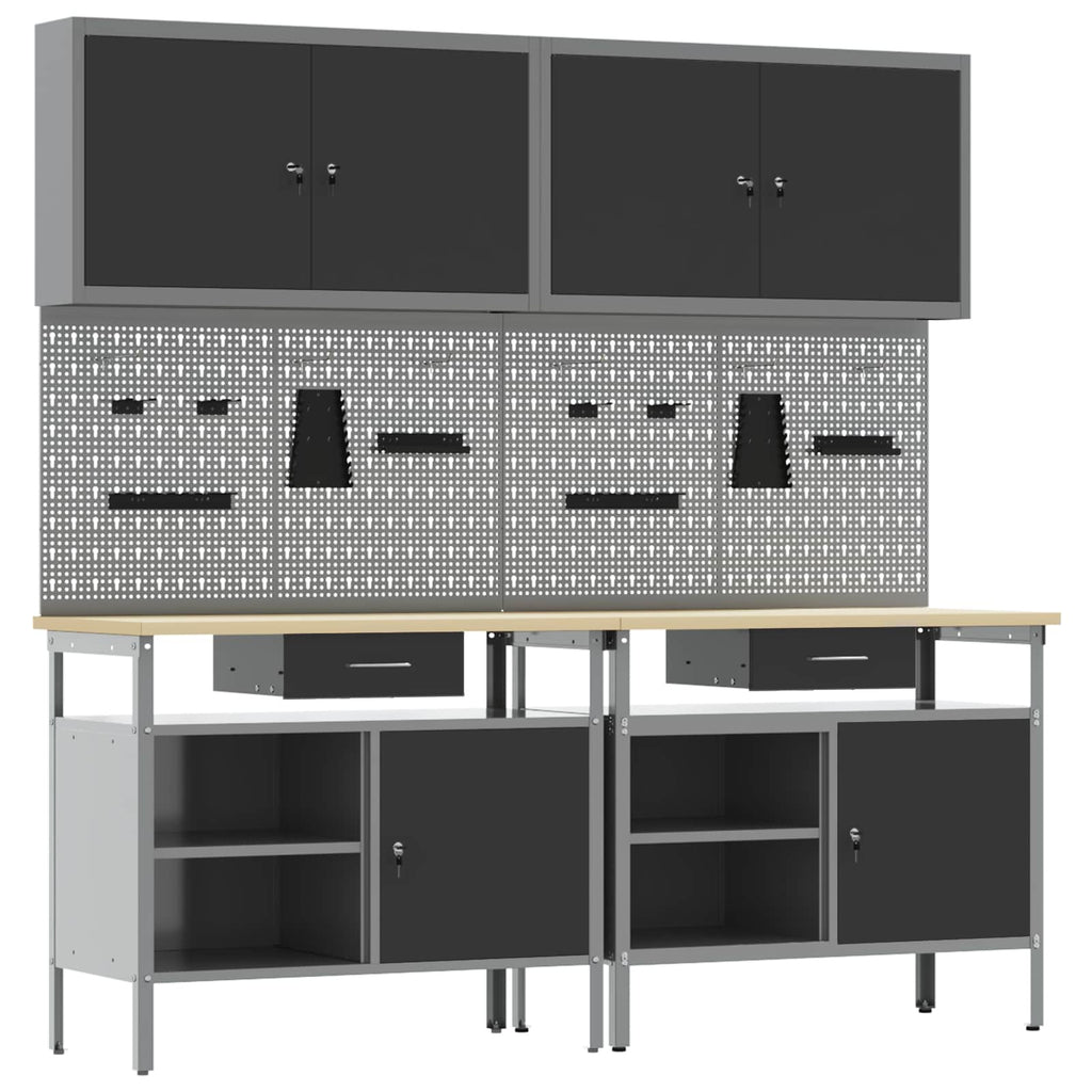 vidaXL Werkbank-Set 8 pcs Schwarz und Grau Pulverbeschichteter Stahl