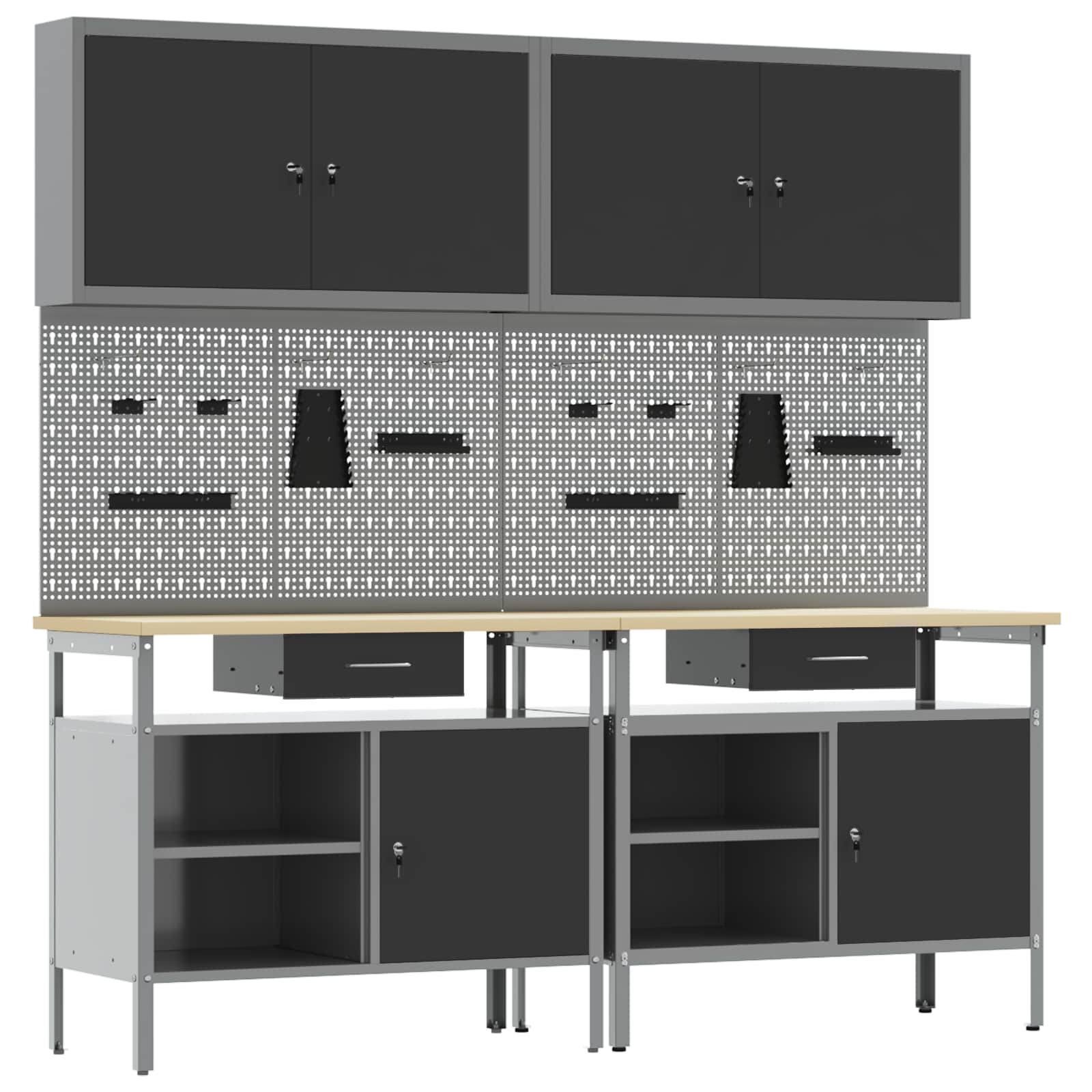 vidaXL Werkbank-Set 8 pcs Schwarz und Grau Pulverbeschichteter Stahl